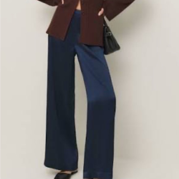 Reformation Pants - REFORMATION. Navy crinkle satin wide leg pants. Size small petite. NWT